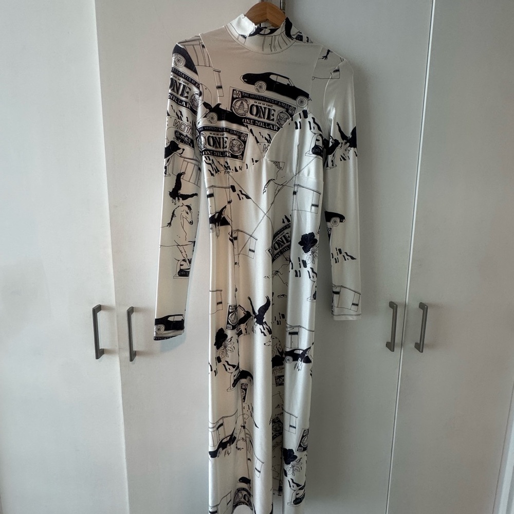 Bimba y Lola Long Sleeve White Maxi Dress with Black Graphic Print